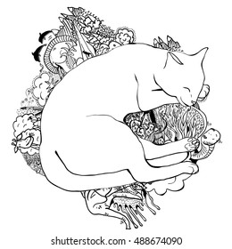 Sleeping cat, monochrome fantasy illustration. It contains clipping mask.