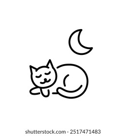 Sleeping cat and moon. Quiet mode, night relaxation and pet comfort. Pixel perfect vector icon