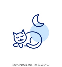 Gato durmiente y luna. Modo tranquilo, relajación nocturna y comodidad para mascotas. Icono de trazo perfecto y editable del píxel