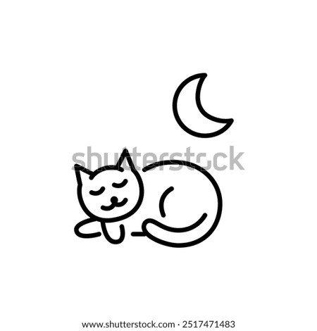 Sleeping cat and moon. Quiet mode, night relaxation and pet comfort. Pixel perfect vector icon
