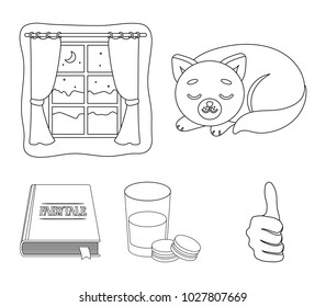 Sleeping cat, night outside the window, milk and biscuits, fairy tales. Rest and sleep set collection icons in outline style vector symbol stock illustration web.