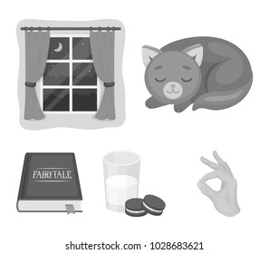 Sleeping cat, night outside the window, milk and biscuits, fairy tales. Rest and sleep set collection icons in monochrome style vector symbol stock illustration web.