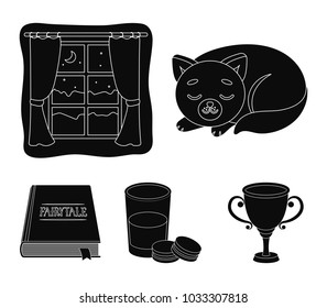 Sleeping cat, night outside the window, milk and biscuits, fairy tales. Rest and sleep set collection icons in black style vector symbol stock illustration web.