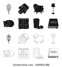 Sleeping cat, night outside the window, milk and biscuits, fairy tales. Rest and sleep set collection icons in black,outline style vector symbol stock illustration web.