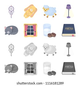 Sleeping cat, night outside the window, milk and biscuits, fairy tales. Rest and sleep set collection icons in cartoon,monochrome style vector symbol stock illustration web.