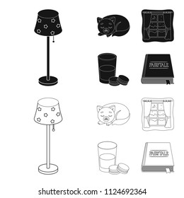 Sleeping cat, night outside the window, milk and biscuits, fairy tales. Rest and sleep set collection icons in black,outline style vector symbol stock illustration web.