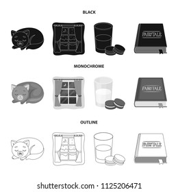 Sleeping cat, night outside the window, milk and biscuits, fairy tales. Rest and sleep set collection icons in black, monochrome, outline style vector symbol stock illustration web.