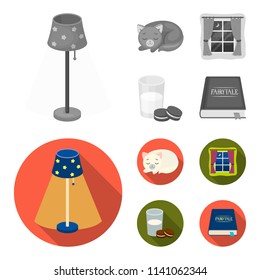 Sleeping cat, night outside the window, milk and biscuits, fairy tales. Rest and sleep set collection icons in monochrome,flat style vector symbol stock illustration web.