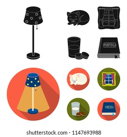 Sleeping cat, night outside the window, milk and biscuits, fairy tales. Rest and sleep set collection icons in black,flat style vector symbol stock illustration web.