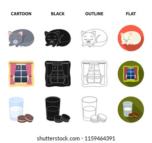 Sleeping cat, night outside the window, milk and biscuits, fairy tales. Rest and sleep set collection icons in cartoon,black,outline,flat style vector symbol stock illustration web.