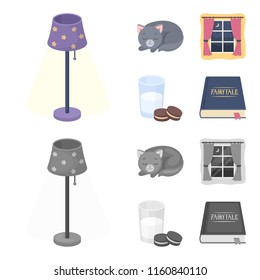 Sleeping cat, night outside the window, milk and biscuits, fairy tales. Rest and sleep set collection icons in cartoon,monochrome style vector symbol stock illustration web.