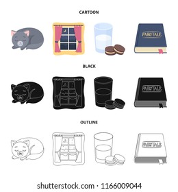 Sleeping cat, night outside the window, milk and biscuits, fairy tales. Rest and sleep set collection icons in cartoon,black,outline style vector symbol stock illustration web.