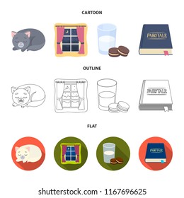 Sleeping cat, night outside the window, milk and biscuits, fairy tales. Rest and sleep set collection icons in cartoon,outline,flat style vector symbol stock illustration web.
