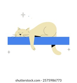  Sleeping Cat On Blue Shelf In Flat Vector Illustration Symbolizing Relaxation, Comfort, And Rest, Isolated On White Background