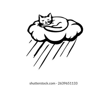 Sleeping cat on cloud with rain, minimalistic vector sketch, cute animal weather concept.