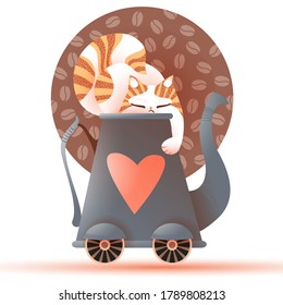 Sleeping cat on coffee pot with red heart and weels. Cute vector illustration. Coffee beans on the dark background.