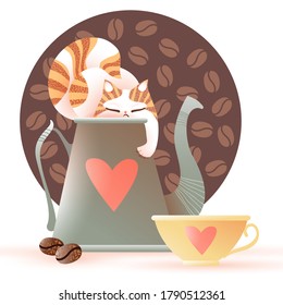 Sleeping cat on coffee pot with red heart, coffee cup and coffee beans. Cute vector illustration. Coffee beans on the dark background.