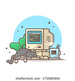 Sleeping Cat on Computer with Plant and Coffee Vector Illustration. Workspace Icon. Office. Lazy Cat Logo. Flat Cartoon Style Suitable for Web Landing Page, Banner, Flyer, Sticker, Card, Background