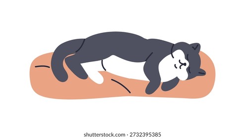 Gato adormecido sobre almofada. Gatinho bonito dormindo, deitado em travesseiro macio, acolhedora cama de estimação. Animais felinos relaxando em móveis confortáveis, sonhando. Ilustração de vetor plano isolada no plano de fundo branco