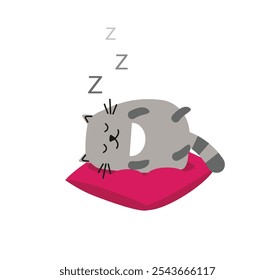 Gato durmiente en almohada suave y esponjosa. Ilustración vectorial. Un encantador gato gris duerme aislado sobre un fondo blanco.