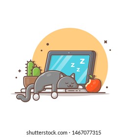 Sleeping Cat on Laptop with Cactus and Apple Vector Illustration. Workspace Icon. Office. Lazy Cat Logo. Flat Cartoon Style Suitable for Web Landing Page, Banner, Flyer, Sticker, Card, Background