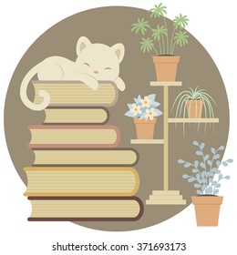 Sleeping cat on a pile of books close to indoor plants.