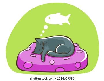 Sleeping cat on a pillow dreaming about fish. Cartoon cat illustration. 