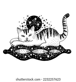 Sleeping Cat on pillow. Gothic witch animal anime. Cartoon tattoo. Cute dream logo. Witchcraft magic kitten. Kawaii  symbol. Back adorable mystical cat on comfortable cloud pillow. Doodle vector art