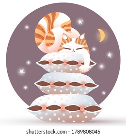 El gato durmiente sobre las almohadas. Ilustración vectorial de corte. Cielo nocturno al fondo.