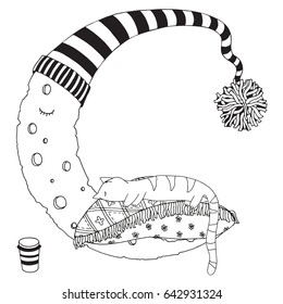 Sleeping cat on a pillows.  Moon in a striped hat. Black and white. Coloring Book page for adult and children. Doodle, zentangle style. 