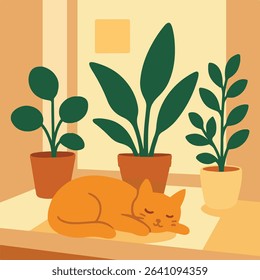 Sleeping Cat with Plants by Window in Minimalist Style