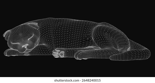 Um gato adormecido renderizado em estilo detalhado de wireframe 3D, enrolado pacificamente sobre um fundo preto. A malha digital cria um olhar realista, mas futurista, destacando a postura relaxada do felino.