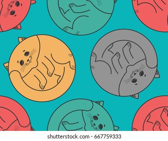 Sleeping cat seamless pattern. Home pet sleeps background. Texture for Children's Cloth