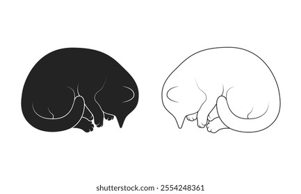 Sleeping cat silhouette and line art cat vector illustration on a white background