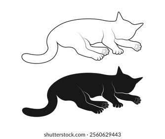 Sleeping cat silhouette and line art cat vector illustration on a white background