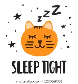 Sleeping cat, sleep tight. Hand drawn icon with lettering. Vector illustration for greeting card, t shirt, print, stickers, posters design.