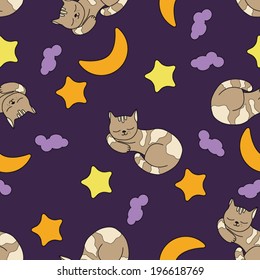 Sleeping cat, star  and moon seamless pattern