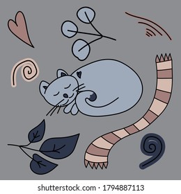 Sleeping cat and striped scarf, doodle cute elemets for decor on a gray background, vector hand draw illustration for design and creativity