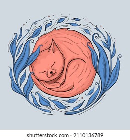 A sleeping cat surrounded by leaves