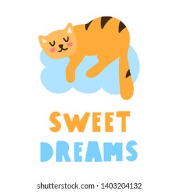 Sleeping cat, sweet dreams. Hand drawn icon with lettering. Vector illustration for greeting card, textile t shirt, print, stickers, posters design.