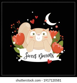 Сard with a sleeping cat. Sweet Dreams. Night. The cat sleeps on a pillow. Funny cartoon cat.