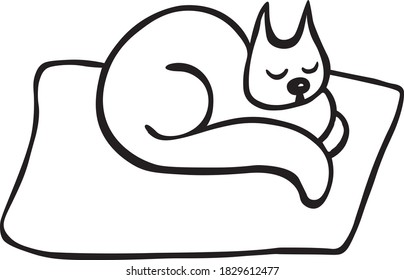 Sleeping cat vector illustration. Black-white image, isolated element on white background. Warm autumn collection. Traced image after hand drawn illustration.