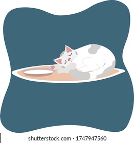 sleeping cat vector illustration. white cat is sleeping after drink some milk. Cute fat cat get sleep.