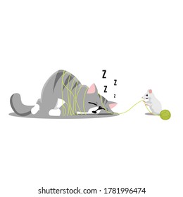 dibujo animado de gato dormido contra ratón