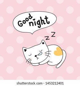 sleeping cat with the words good night on pink shade polka dots background, vector illustration