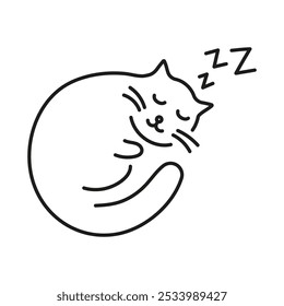 Gato durmiente con el icono de la línea de ZZZ. Descanso pacífico de mascotas y símbolo de contorno de siesta nocturna. Gato Enroscado, Siesta De Mascota Restful. Trazo Editable. Ilustración vectorial aislada.