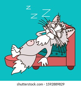 sleeping cat with Zzz sign above his head, lying on an armchair, legs resting on an ottoman, color vector emoticon in cartoon style