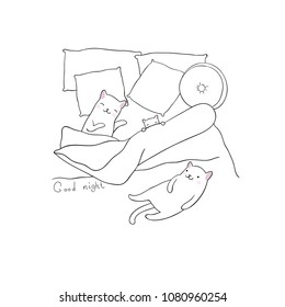 Sleeping cats in bed. Comfortable pillows and blankets. Good night. Sweet Dreams.
