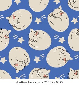 Sleeping cats in the blue night starry sky. Vector seamless pattern. Hand drawn design for baby fabric design.