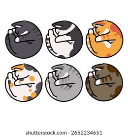Sleeping Cats Curled Up in Balls Cute Cartoon Style Illustration Art. Cat Set Collection 